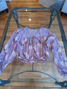 Free People Lavender Floral Lace Yoke Peasant Blouse